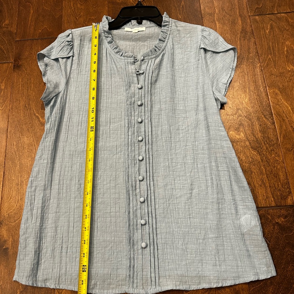 FUN2FUN Women's Blue Ruffled Button-Down Top - Picture 6 of 9